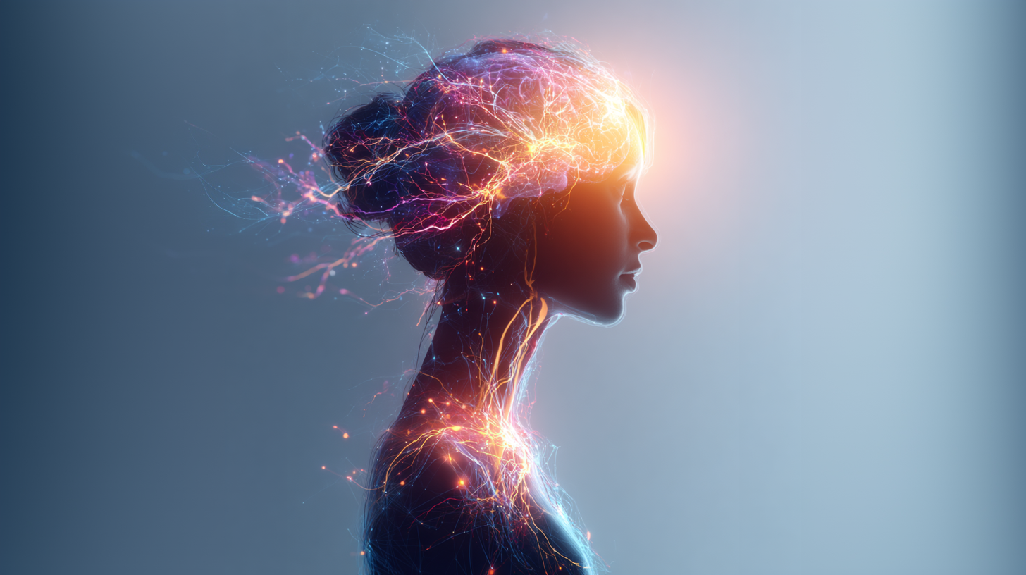 O atributo alt desta imagem está vazio. O nome do arquivo é image-114-1200x673.png Representação abstrata de uma mulher com o cérebro iluminado por conexões neurais coloridas, simbolizando a neuroplasticidade