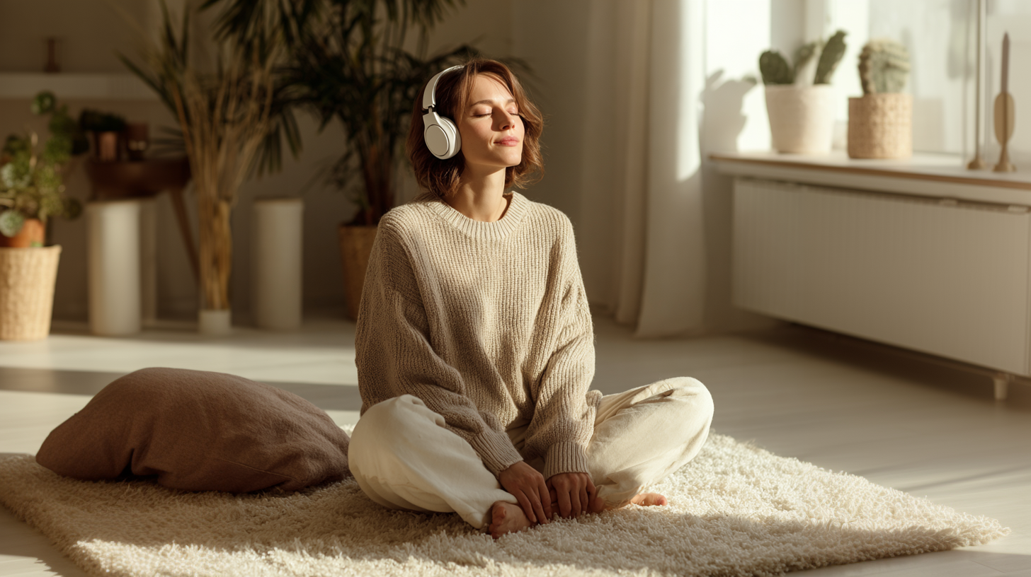 Mulher serena meditando com fones de ouvido — símbolo de equilíbrio emocional e atenção plena que fortalecem a autoestima