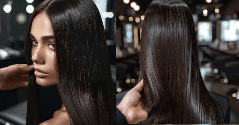 Mulher com cabelos longos, lisos e escuros, exibindo fios extremamente alinhados e brilhantes em um salão de beleza, ilustrando o resultado de cabelos com progressiva após tratamento para recuperar o brilho natural.