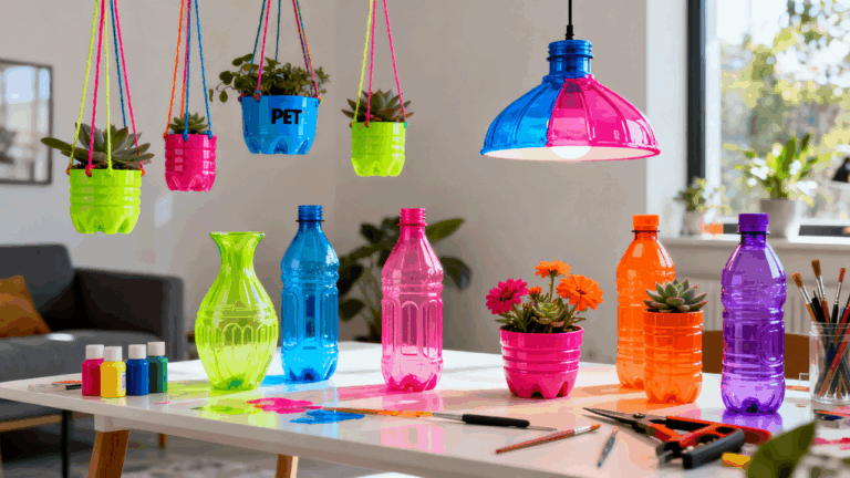 Garrafas PET recicladas pintadas com cores vibrantes transformadas em vasos e luminárias criativas de decoração sustentável estilo DIY.