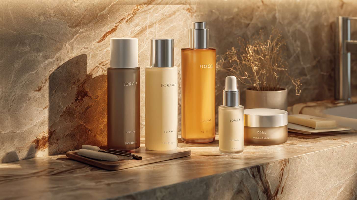 Imagem gerada por IA de produtos fictícios de skincare apenas para exemplificação