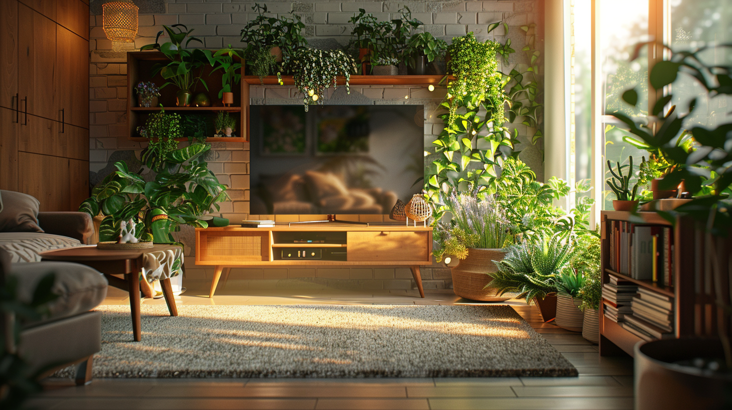 Sala de estar com decoração biofílica: ambiente iluminado por luz natural, móveis de madeira e diversas plantas como jiboias, suculentas e lavandas, criando uma atmosfera acolhedora e relaxante