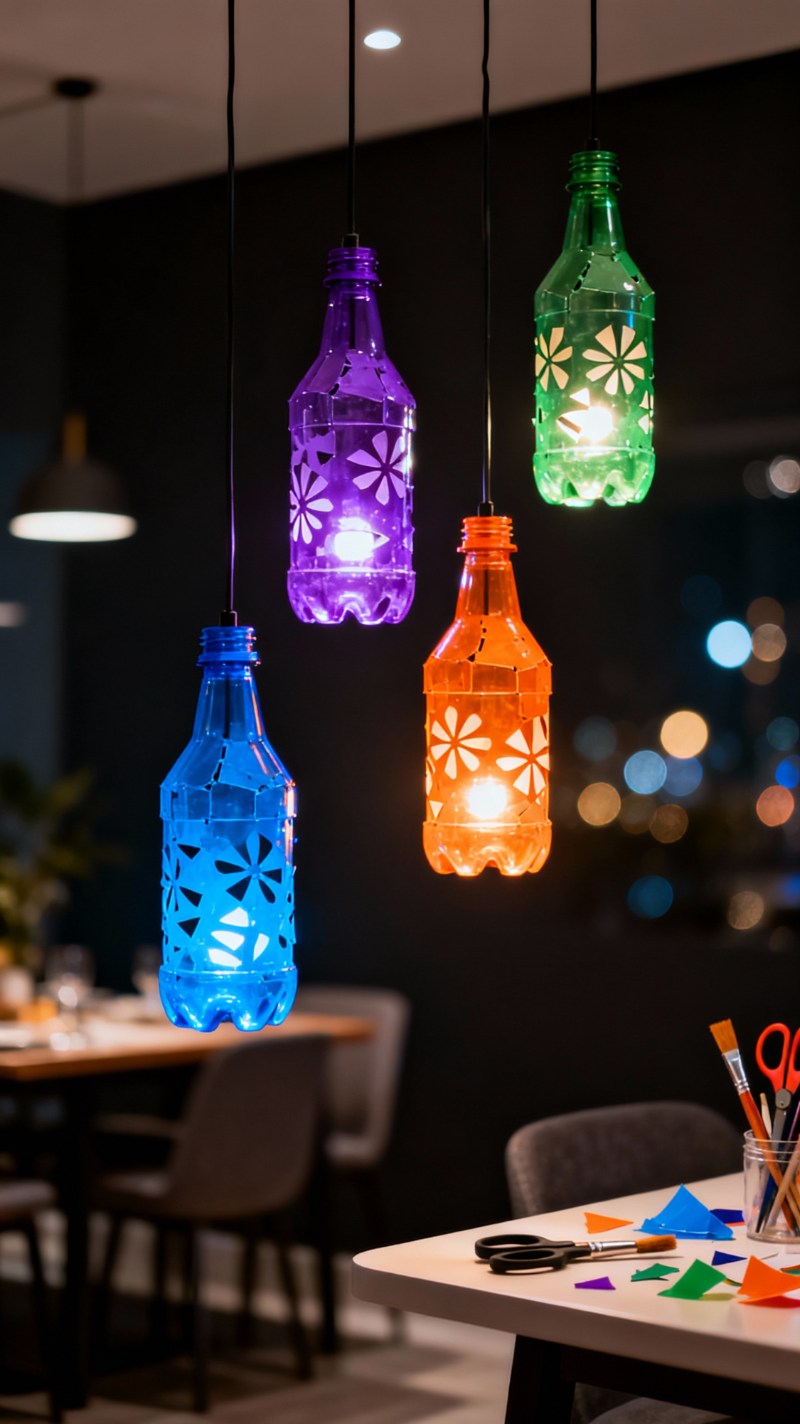 Luminárias coloridas feitas com garrafas PET recicladas, criando uma decoração artesanal moderna e ecológica.