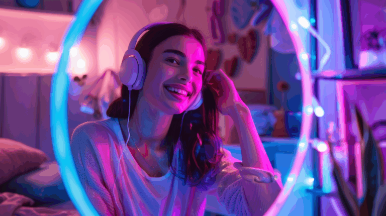 Mulher jovem sorrindo enquanto ouve música diante do espelho, em um momento de autoconfiança e bem-estar.