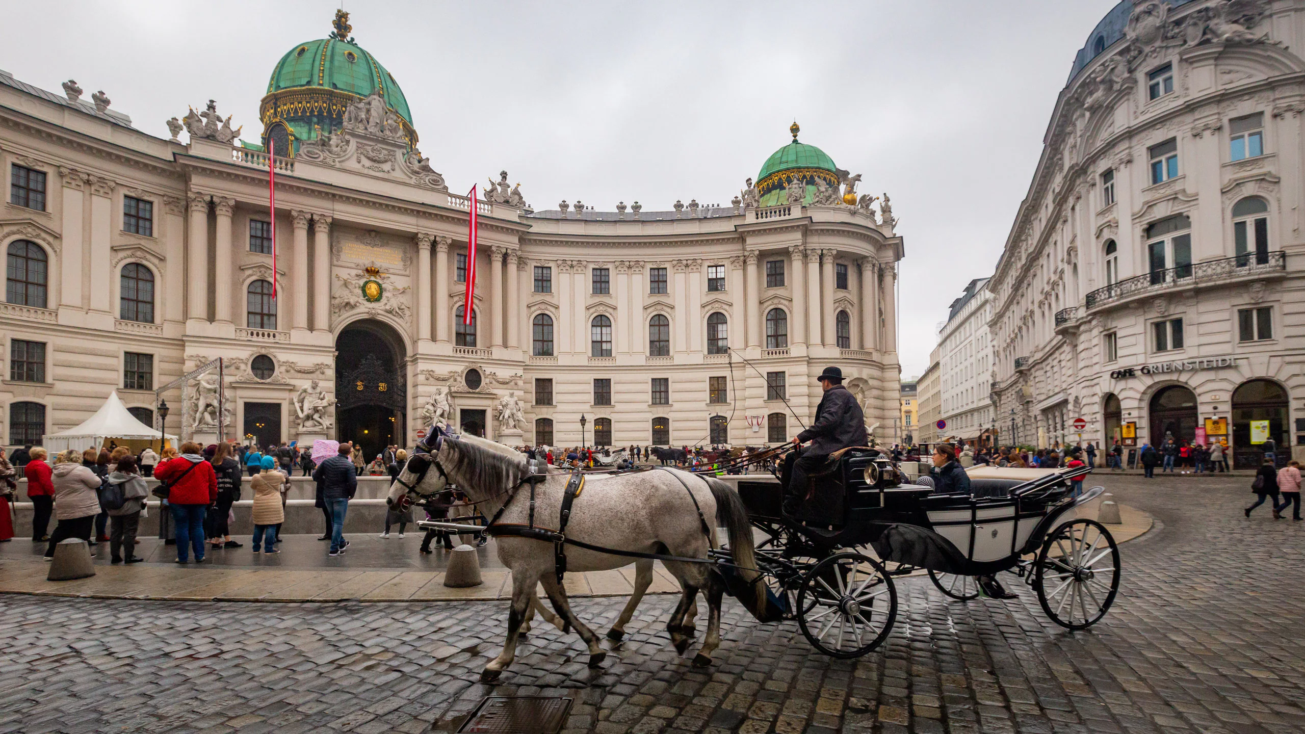Carruagem com cavalo branco em frente ao Palácio Hofburg em Viena, Áustria.