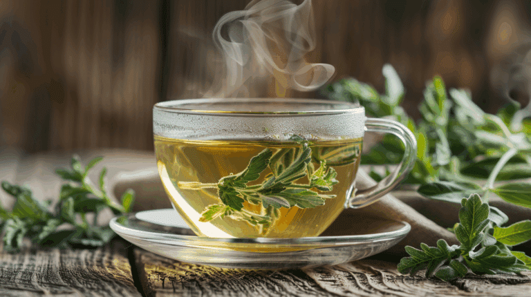 Xícara de vidro com chá de losna fumegante com folhas frescas da erva ao redor, ilustrando o preparo natural e os benefícios do chá de losna para a saúde.