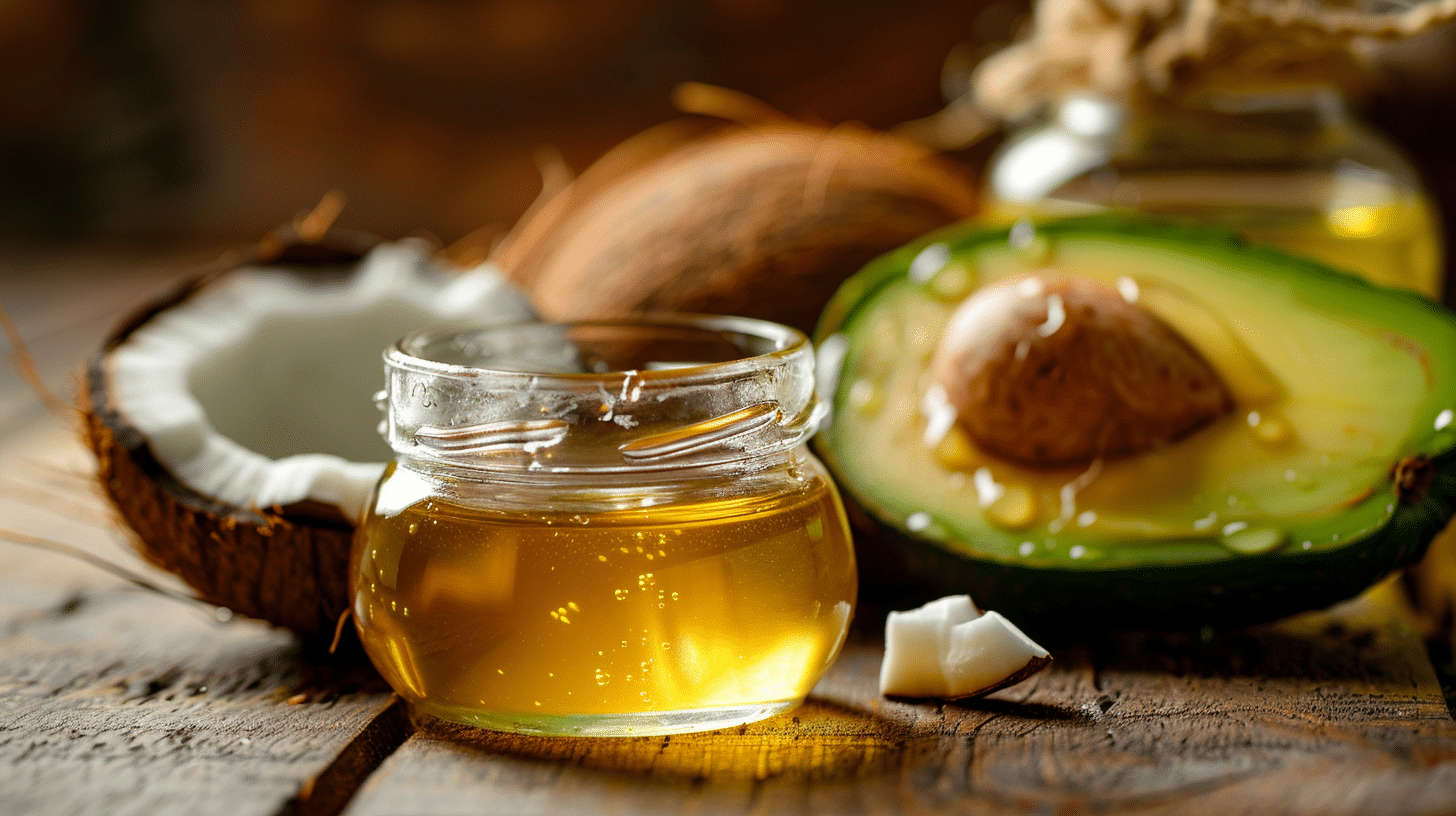 Pote de óleo natural sobre mesa ao lado de coco e abacate frescos, ingredientes usados em hidratações caseiras que deixam os cabelos nutridos, macios e com brilho saudável
