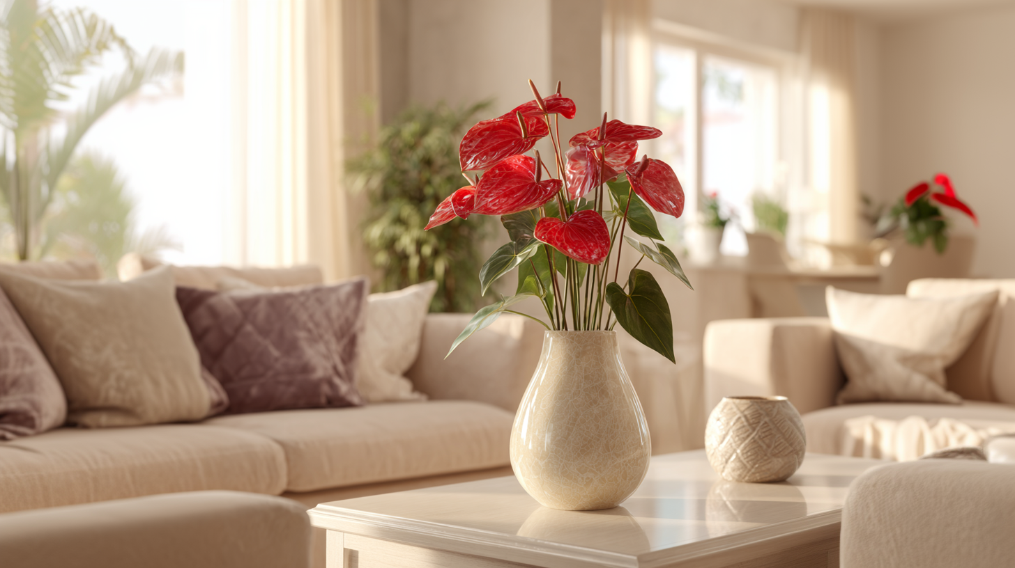 Imagem gerada por IA de flores Antúrio vermelho em uma vaso numa sala