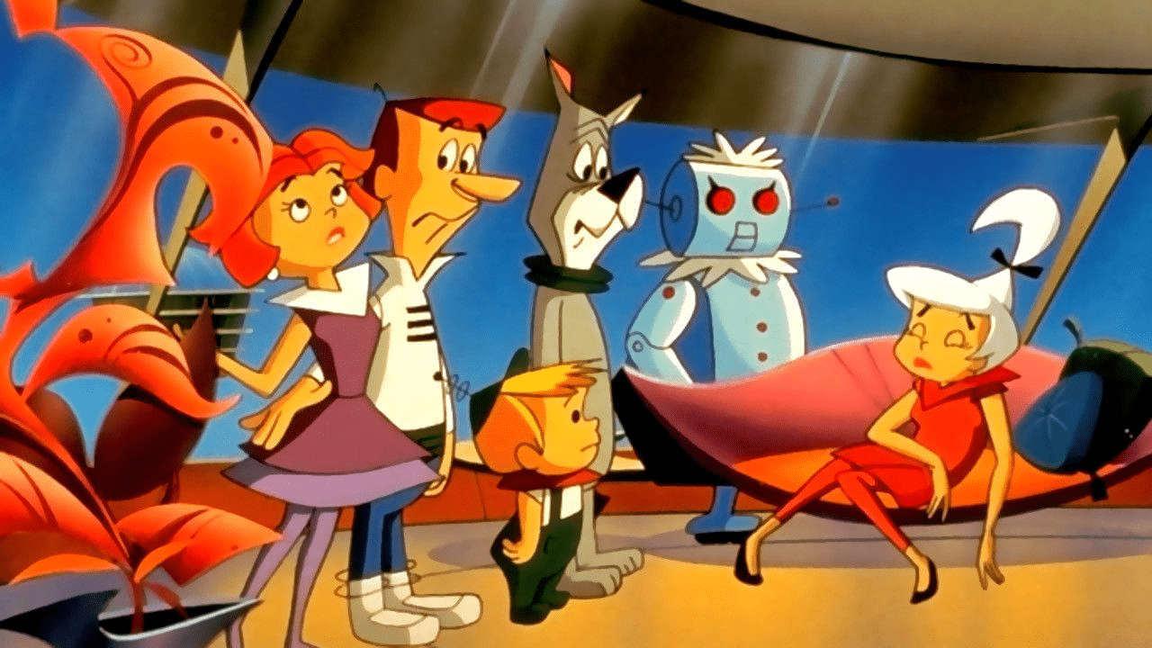 Cena clássica da animação Os Jetsons, mostrando a família futurista reunida na sala: George, Jane, Judy, Elroy, o cachorro Astro e a robô Rosie