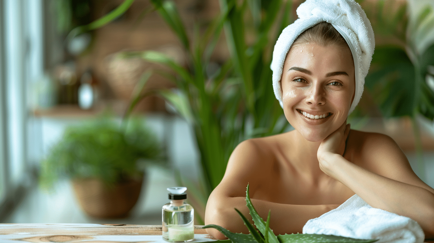 Frasco de óleo de amêndoas ao lado de folhas frescas de babosa e mulher sorrindo com a pele iluminada, destacando os benefícios da máscara facial caseira que hidrata e estimula a produção de colágeno.
