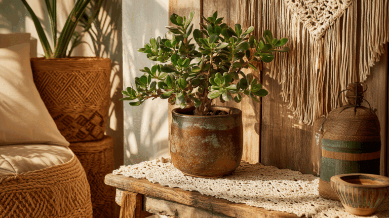 Planta jade em vaso de cerâmica sobre mesa. A decoração transmite harmonia, prosperidade e boas energias, simbolizando a planta da sorte que promete abundância e bons ventos no mês de outubro.