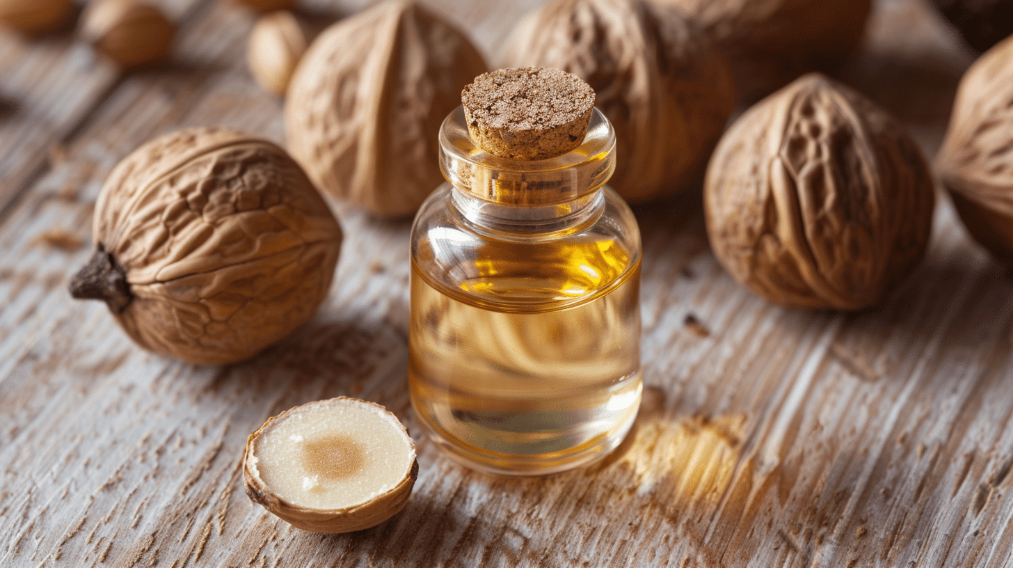 Frasco com óleo natural de noz-moscada sobre mesa, cercado por sementes, simbolizando o poder dos ingredientes naturais para cobrir fios brancos sem química agressiva