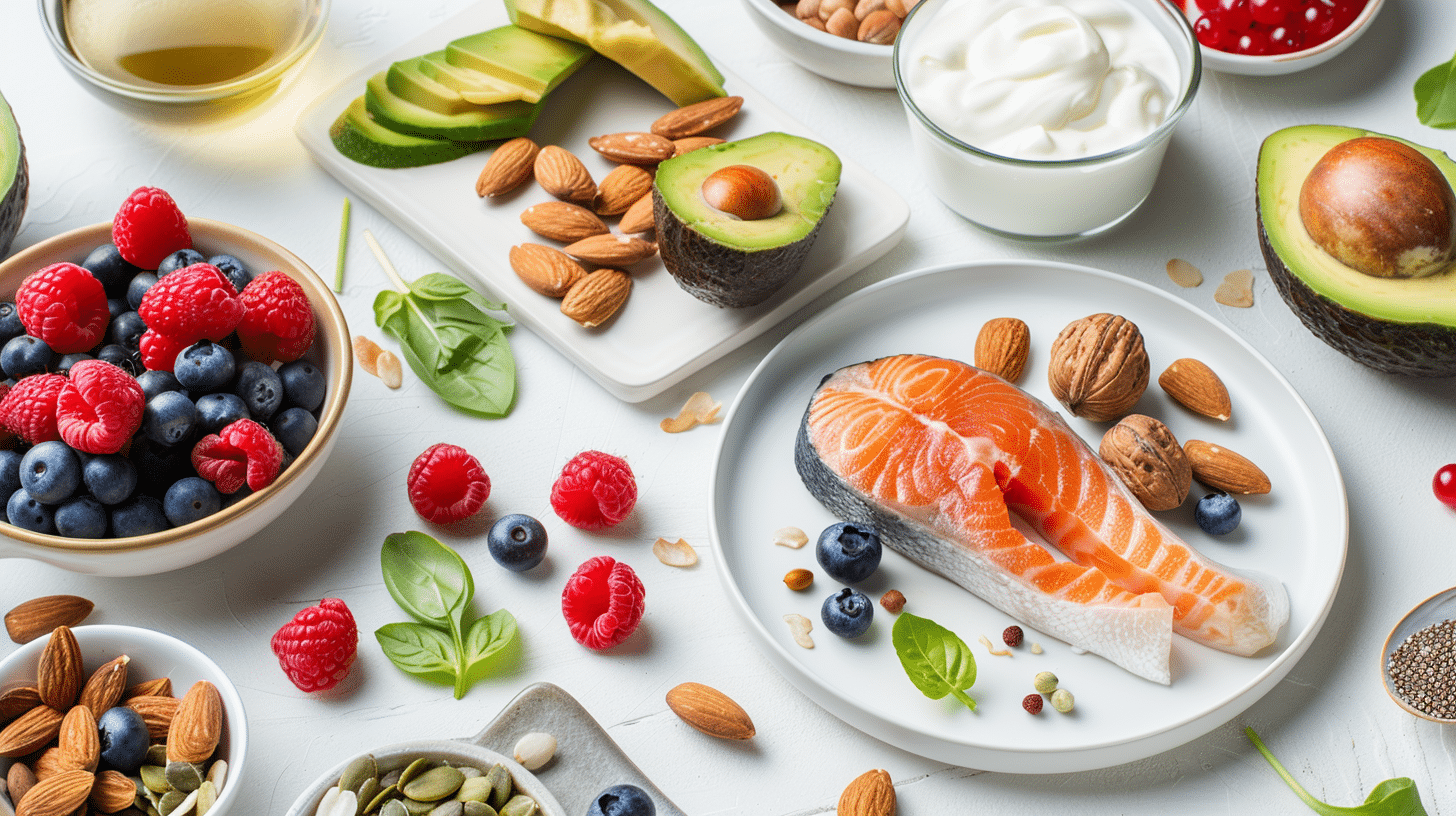 Mesa branca com alimentos saudáveis como salmão, abacate, frutas vermelhas, nozes, amêndoas e iogurte natural, representando uma dieta rica em nutrientes que fortalecem a barreira cutânea e mantêm a pele protegida e luminosa.