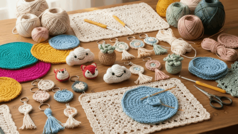 Peças pequenas de crochê sobre mesa de madeira clara, com chaveiros, sousplats coloridos, amigurumis e fios de algodão, representando ideias lucrativas e rápidas para vender em 2025.