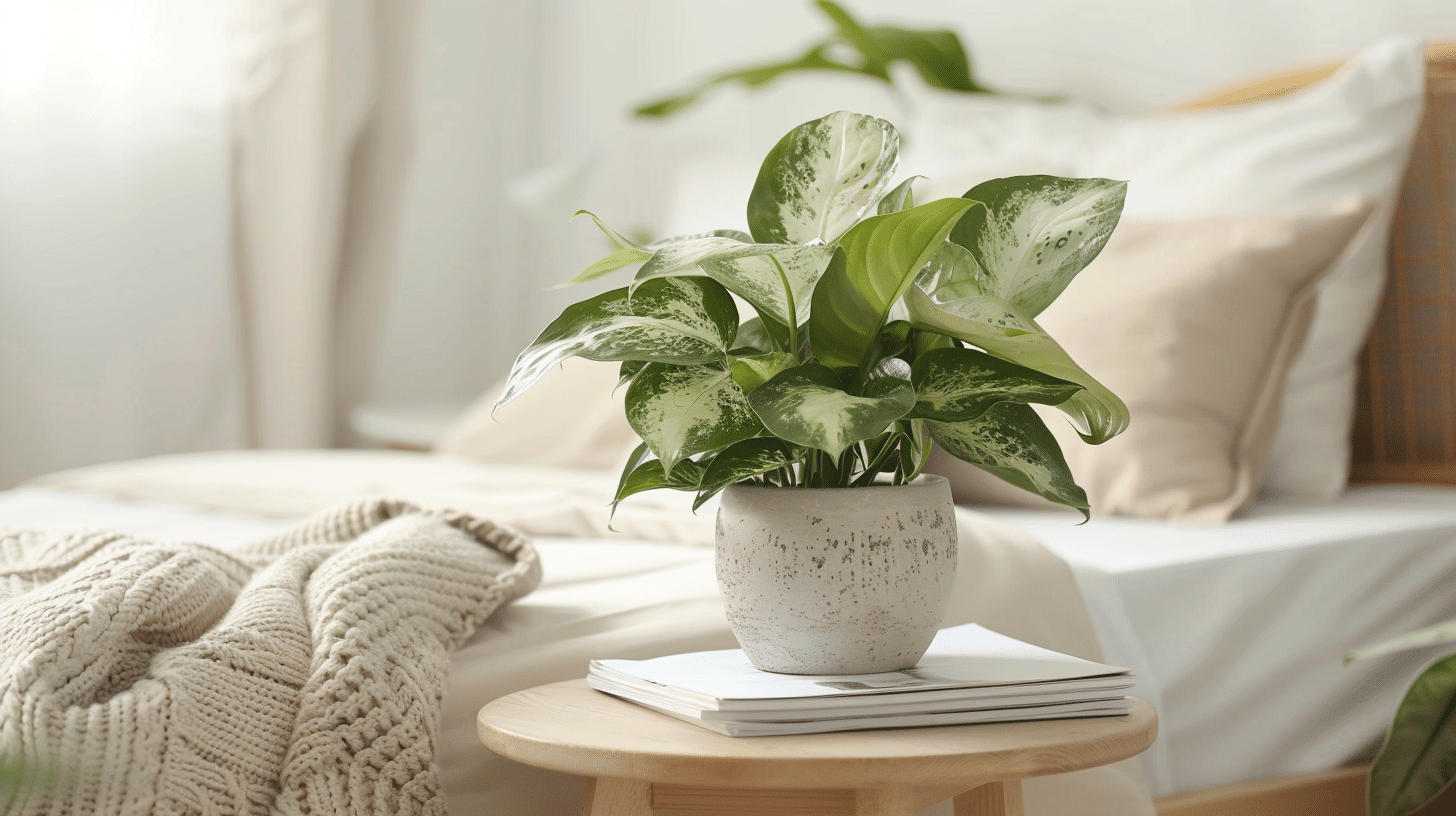 Imagem da planta Aglaonema complementando a decoração de um quarto de casal