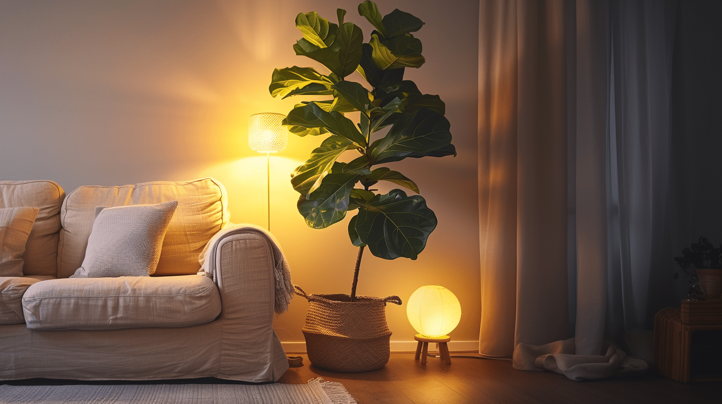 Ficus lyrata em um vaso complementando a decoração de uma sala