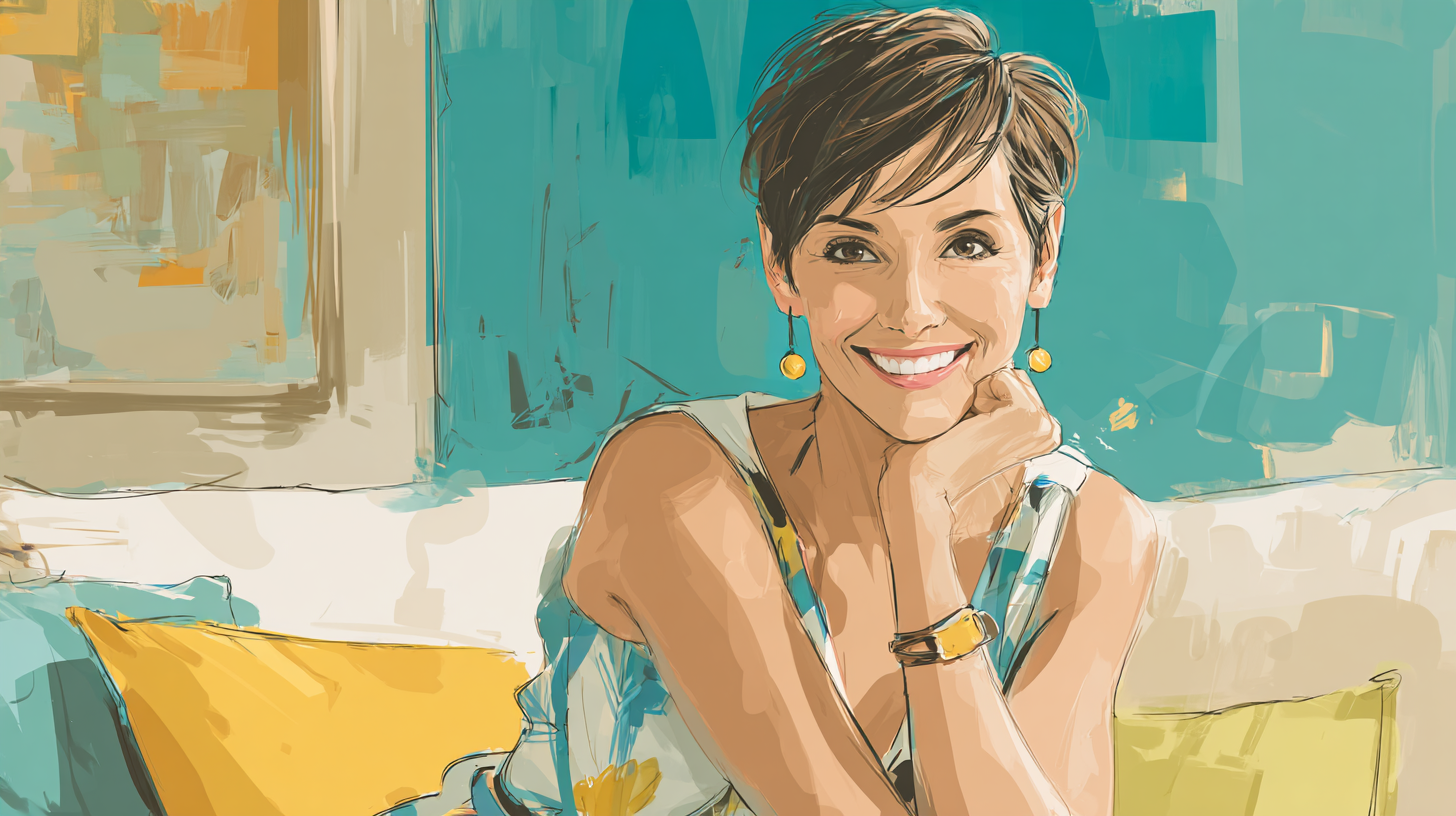 Ilustração de uma mulher por volta dos quarenta anos sorrindo