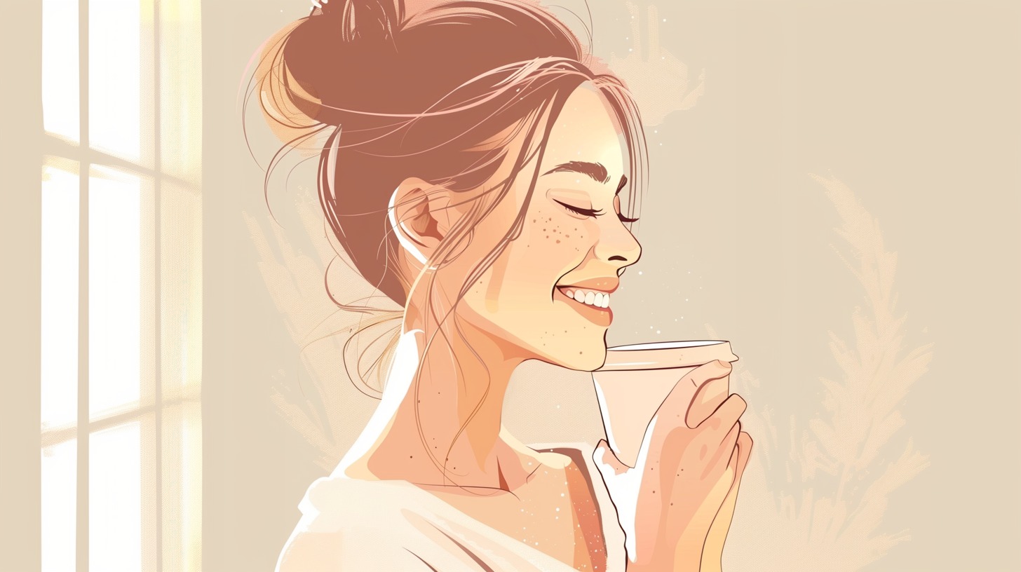 Mulher tomando café com calma pela manhã, em uma atitude de criar uma rotina que contribui para elevar sua autoestima