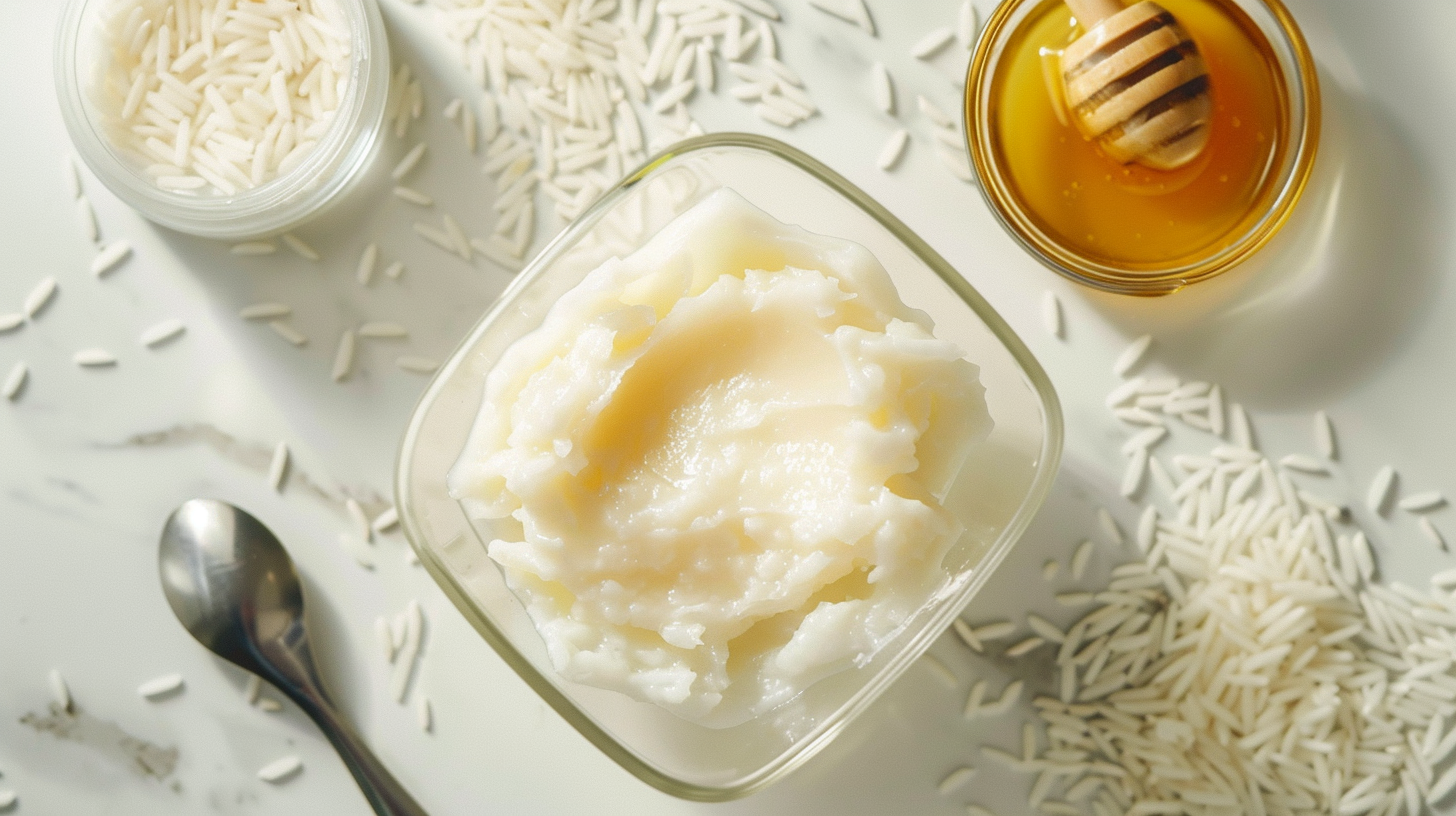 Imagem Ilustrativa gerada por IA de Creme de arroz em pote de vidro sobre mesa com mel e grãos de arroz