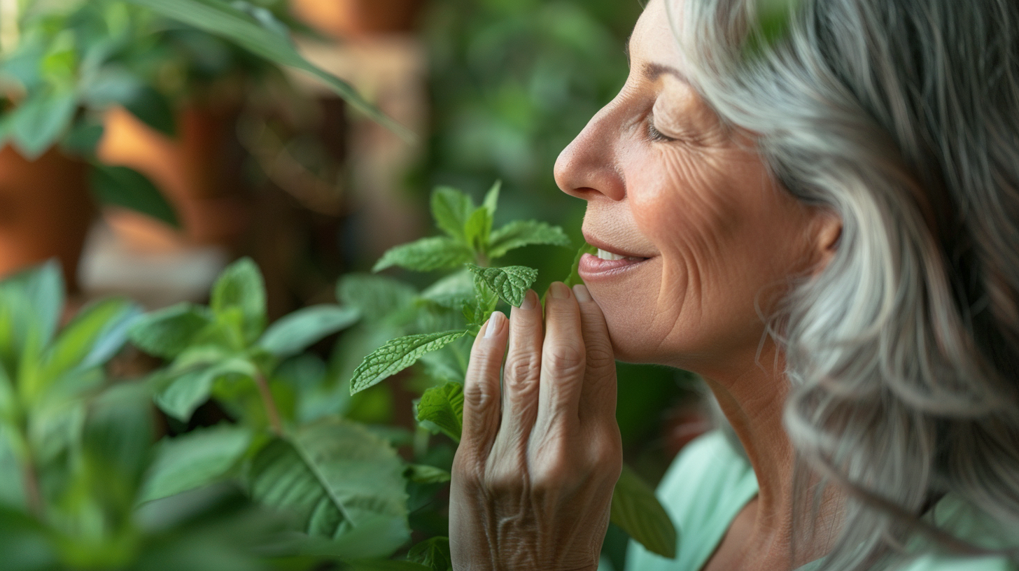 Mulher madura de cabelos grisalhos apreciando o aroma de folhas de hortelã em um jardim caseiro — imagem que simboliza bem-estar, equilíbrio e os benefícios das plantas para a saúde.