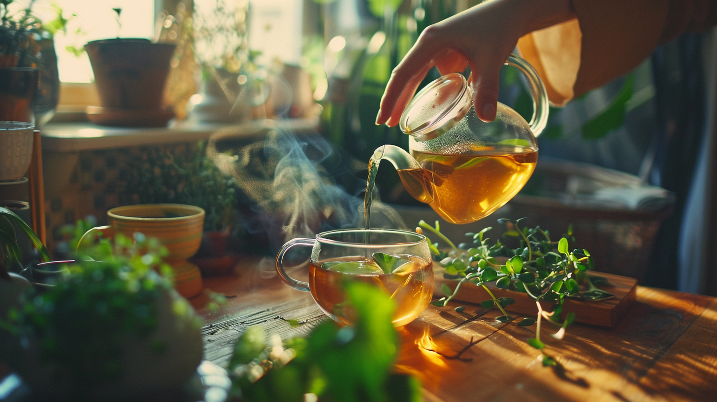Mão de mulher preparando chá de passiflora em cozinha