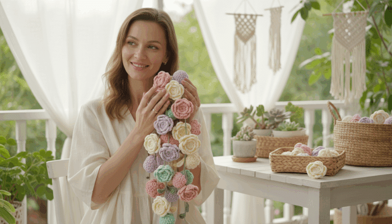 Mulher sorridente segurando flores de crochê coloridas em ambiente iluminado e natural, transmitindo alegria, delicadeza e amor pelo artesanato.