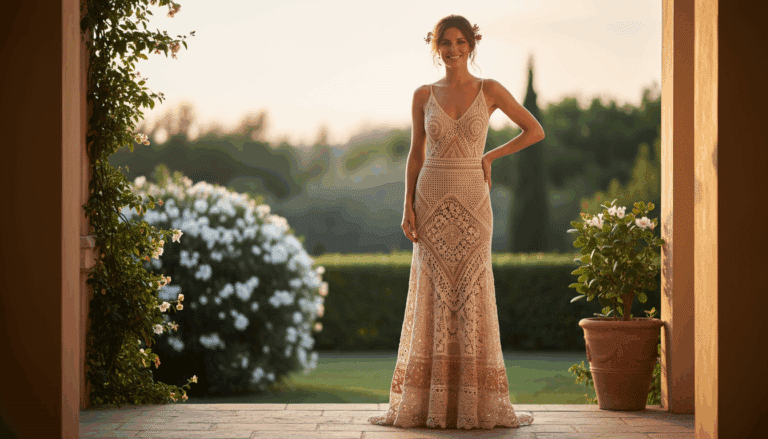 Mulher sorridente usando vestido social de crochê artesanal em ambiente iluminado por luz natural, transmitindo elegância e sofisticação artesanal.