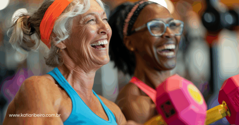 Mulheres após os 50 anos se exercitando em uma academia em representação de práticas que fortalecem a autoestima