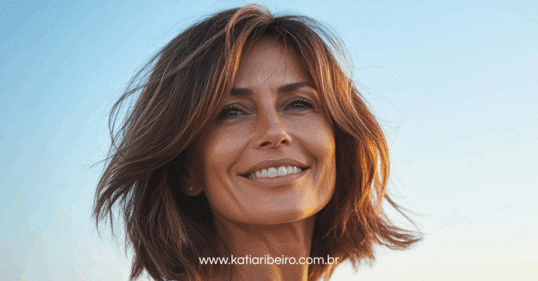 Mulher sorrindo e exibindo o corte de cabelo que rejuvenesce o visual
