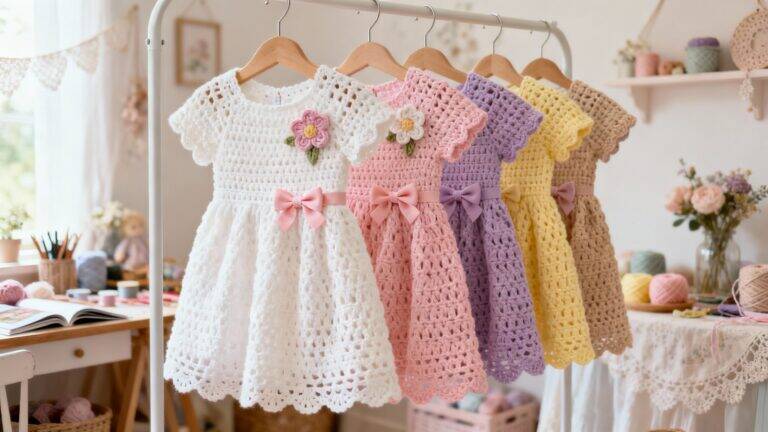Vestidinhos de crochê infantil em cores suaves, dispostos em ambiente claro e delicado, transmitindo carinho, conforto e elegância artesanal.