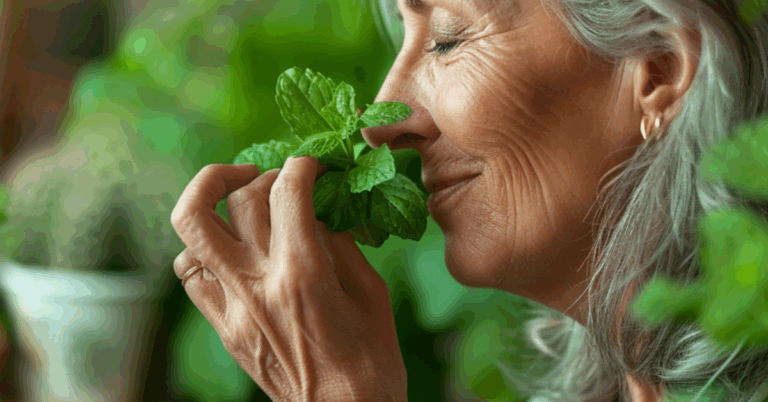 Imagem gerada por IA de mulher de cabelos grisalhos cheirando uma folha de hortelã, cercada por plantas verdes — imagem que representa o bem-estar e os benefícios das plantas para a saúde física.