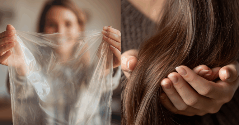 Na imagem da esquerda uma mulher segurando um saco plástico transparente e na segunda imagem uma mulher segurando mechas de cabelo