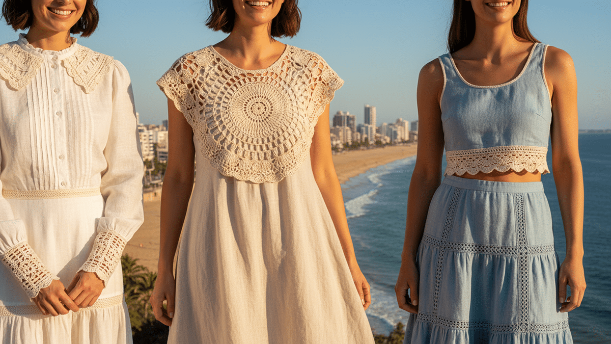Roupas de crochê com tecido: combinações lindas, modernas e fáceis de fazer Títulos alternativos otimizados  Crochê + tecido: guia prático para misturar painéis, barras e recortes com caimento perfeito  Como unir crochê e tecido em roupas do dia a dia, do boho chique ao minimalista  Roupas híbridas: técnicas fáceis para aplicar barrado, pala e detalhes de crochê em costuras de tecido  Introdução  Crochê e tecido formam uma dupla poderosa: o tecido dá estrutura e leveza, o crochê entrega textura, recortes e personalidade. O resultado, peças atuais e usáveis, que vão do vestido com pala rendada à camisa com punhos de crochê.  Neste guia você aprende o que considerar antes de unir materiais, quais técnicas funcionam em casa, como planejar reforços invisíveis e um passo a passo base para aplicar barras, palas e painéis de crochê em roupas de tecido com acabamento de ateliê.  O que garantir primeiro para que crochê e tecido vistam bem na mesma peça?  Pense em compatibilidade de drape e elasticidade. Tecidos planos, como algodão e linho, tendem a ter menos elasticidade que o crochê, por isso a união precisa “conversar” na medida, no peso do fio e no ponto escolhido. Painéis em meio ponto alto, com tensão estável, se integram melhor a tramas planas do que pontos muito abertos. Já malhas leves ou viscoses combinam com crochê de fio fino, que acompanha o movimento sem “puxar” a costura. Pré-lave o tecido para eliminar encolhimento, bloqueie o crochê para estabilizar a forma e só então una as partes. Se a união for em áreas de esforço, como cós e cavas, use reforço discreto para aumentar a durabilidade sem perder conforto.  Profundidade: padrões, pré-lavagem e métodos de união que funcionam  Seguir o padrão de pesos de fios ajuda a prever densidade e caimento quando você troca marcas ou ajusta a espessura do material. Fios mais leves, das categorias super fine a light, costumam vestir melhor em roupas híbridas, pois pesam menos e definem os pontos com clareza. A pré-lavagem do tecido reduz surpresas com encolhimento e excesso de corante, etapa especialmente importante em algodão e linho. Depois de tecer, bloqueie o painel de crochê, umedeça e molde na medida final, para casar perfeitamente com o molde de tecido. Para unir crochê à borda do tecido, três caminhos são práticos: perfurar a margem com ferramenta apropriada e crochetar direto, fazer ponto caseado ou blanket stitch à mão e usar esses pontos como “base” para o crochê, ou costurar primeiro uma bainha estreita e crochetar pegando a alça formada na dobra. Em painéis inteiros, como uma pala, prefira costura à mão com pontos pequenos e regulares ou costura à máquina com linha de poliéster fina, mantendo o crochê estabilizado por baixo com papel de seda que depois é retirado. Em áreas de tração, entretela leve ou fita estabilizadora na margem do tecido evita que a costura ceda.  Guia prático: 5 aplicações fáceis, do molde ao acabamento  Barrado em saias e vestidos  Corte e costure a peça normalmente, faça bainha de 1 cm. Com uma roda perfuradora ou caseado à mão, crie a base e crochete o barrado desejado. Bloqueie de novo para abrir os bicos.  Pala de crochê em blusas e vestidos  Tecle a pala em círculo já no tamanho final e costure-a ao tecido do corpo com pontos miúdos. Reforce a margem do tecido com entretela fina. Se o tecido for fluido, prefira fio fino e ponto mais fechado.  Cós de crochê com elástico invisível  Faça o cós em ponto baixo pegando a alça de trás para criar canaleta, passe um elástico chato e una ao tecido com costura reta. Ótimo em saias e shorts de verão.  Punhos e golas aplicados  Para camisas de algodão, troque punho e gola de tecido por faixas de crochê firme. Costure pelo avesso e faça pesponto discreto. Dá um toque handmade moderno sem pesar.  Bolsos e recortes decorativos  Aplique bolsos de crochê sobre vestidos de linho ou tricoline. Estruture o verso do tecido com entretela fina na área do bolso para evitar deformação.  Dica de acabamento, arremate os fios do crochê conforme avança e assente as margens a ferro com proteção de tecido. Em costura à máquina, use ponto reto curto, 2–2,5 mm, e não “empurre” o crochê, guie com calma para manter a borda limpa.  PAA: preciso pré-lavar o tecido antes de unir com o crochê?  Sim. Pré-lavar o tecido reduz encolhimento e remove excesso de corante, evitando que a roupa “puxe” o crochê depois de pronta. Se o tecido encolher alguns por cento e o crochê não, a costura fica ondulada ou repuxa. Lave como você pretende cuidar da peça pronta, seque na horizontal quando possível e só então una os materiais.  Checklist rápido de qualidade e conforto  Compatibilidade: fio leve, ponto estável e tecido de drape parecido.  Estabilização: bloqueie o crochê, pré-lave o tecido, use entretela leve em áreas de esforço.  União: baseie o crochê na bainha, no caseado ou em perfurações regulares, evite “morder” fibras soltas.  Costura: à mão em áreas curvas e delicadas, ou à máquina com ponto curto e papel de seda de suporte.  Manutenção: lavar a frio, sabão neutro, secar na horizontal; vapor leve para assentar sem achatar pontos.  Síntese final  Roupas híbridas crochê + tecido ficam atuais quando você controla o trio peso do fio, drape do tecido e método de união. Com pré-lavagem, bloqueio e reforços discretos, você adiciona barrados, palas e detalhes que transformam peças simples em protagonistas do guarda-roupa. Comece por um projeto curto, como um barrado em saia de algodão, evolua para palas e cós com elástico, e logo sua coleção terá identidade artesanal, conforto real e acabamento de moda.