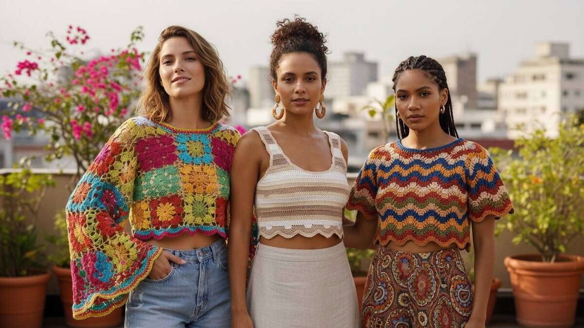 Três mulheres brasileiras diferentes usando croppeds de crochê finalizados em estilos, cores e designs distintos, em clima de verão urbano com luz natural difusa e fundo harmonioso destacando texturas e pontos do crochê.