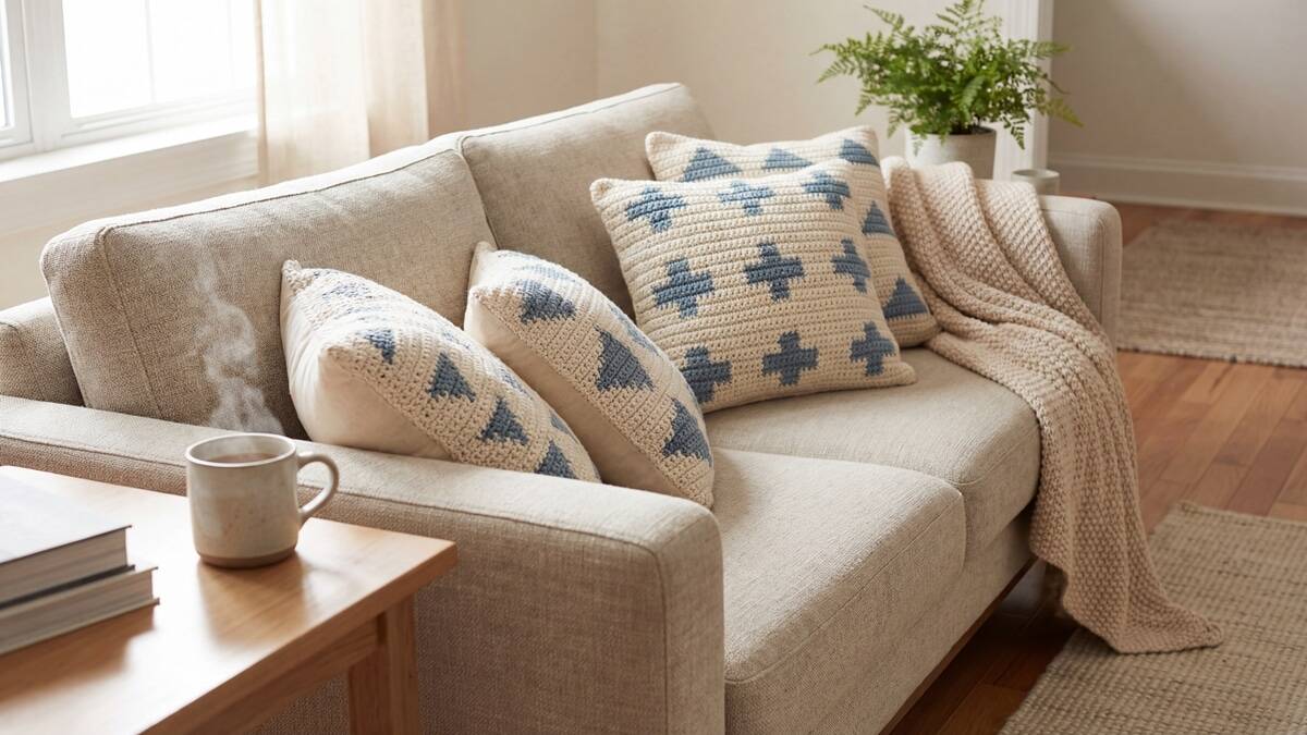 Almofadas de crochê artesanal em algodão cru com detalhes geométricos em azul, dispostas em sofá neutro em sala aconchegante com manta leve, luz natural realçando texturas.