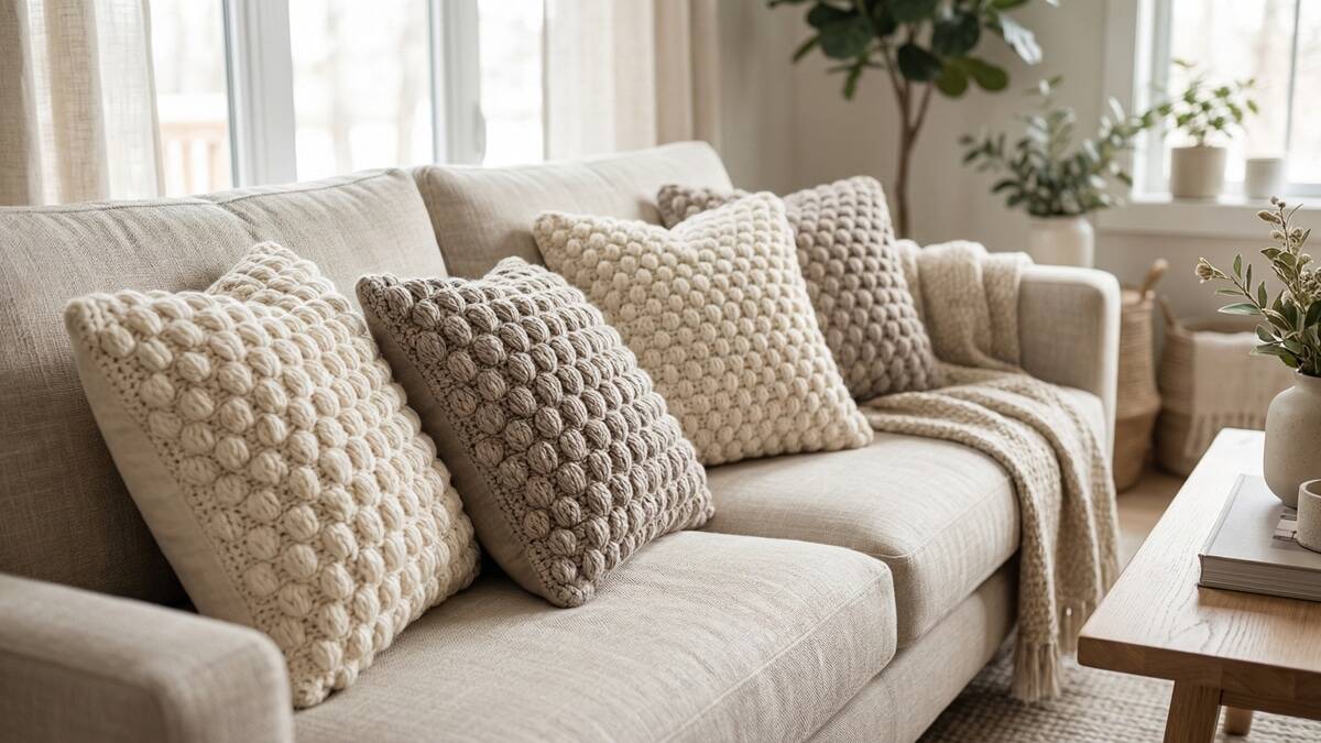 Almofadas em crochê com ponto puff em algodão cru com textura de bolinhas volumosas, posicionadas sobre sofá neutro em sala com luz natural.