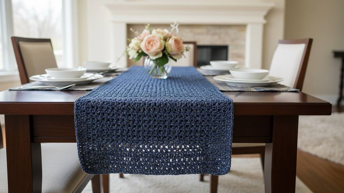Sala de jantar elegante com caminho de mesa de crochê azul escuro e dourado sobre mesa de madeira escura com arranjo floral