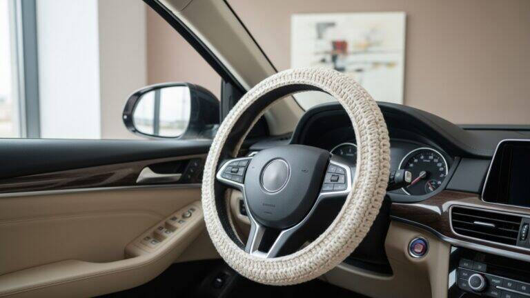 Capa de volante em crochê off-white com design minimalista, textura artesanal sofisticada em ambiente contemporâneo com luz natural difusa e composição elegante.