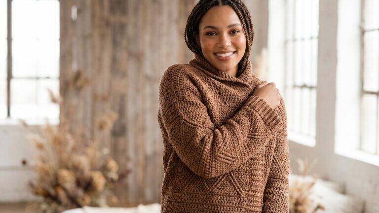 Mulher sorridente usando casaco de crochê artesanal em algodão marrom com gráficos geométricos, em ambiente outono/inverno com luz natural realçando elegância e sofisticação.