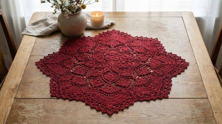 Centro de mesa de crochê artesanal em algodão vermelho com trama rendada simétrica inspirada em gráficos, desenhos florais e mandalas com acabamento refinado, disposto sobre madeira clara em ambiente aconchegante.