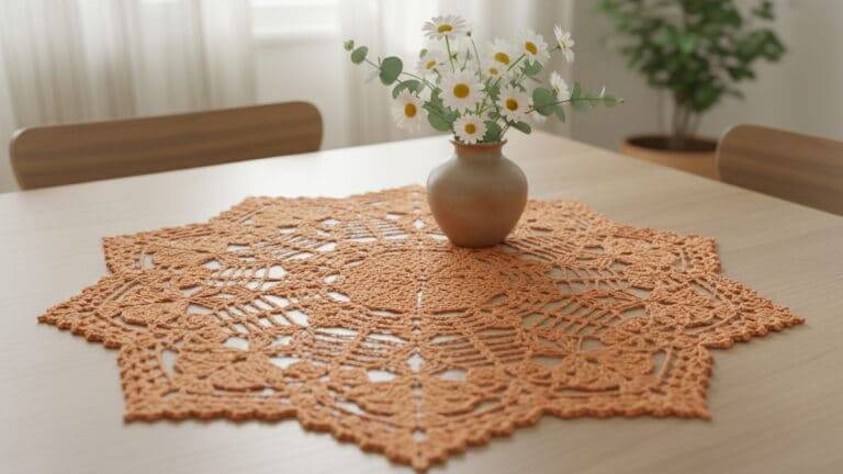 Mesa de jantar com centro de mesa em crochê laranja artesanal e vaso baixo com flores simples sob luz natural difusa