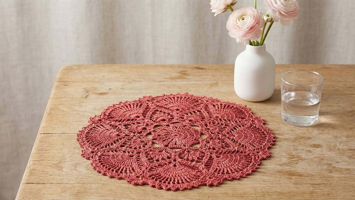 Centro de mesa de crochê vermelho com trama rendada sobre madeira clara com elementos decorativos