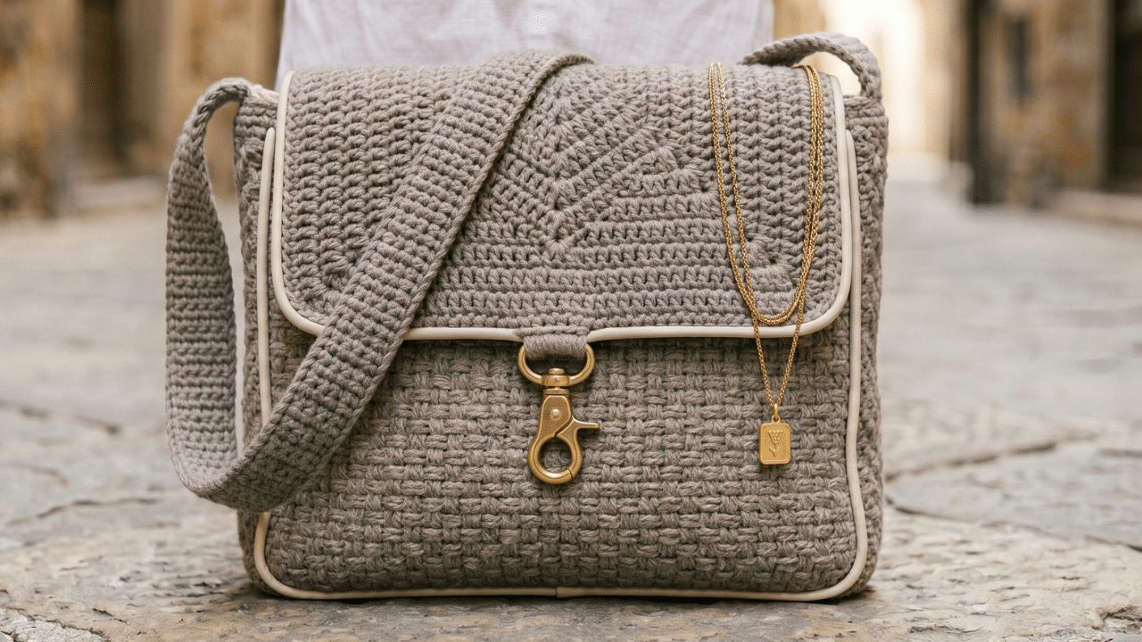 Bolsa de crochê em fio náutico cinza com fecho dourado.