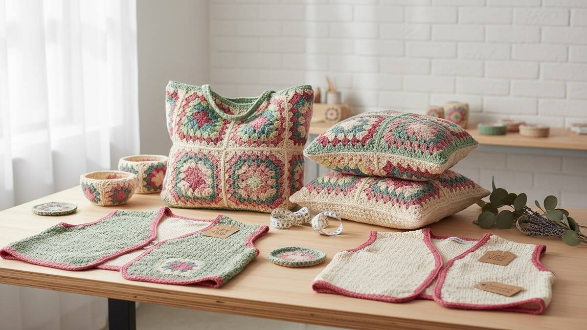 Estúdio artesanal contemporâneo com peças de crochê em granny squares coloridos incluindo bolsas, almofadas e coletes sobre mesa de madeira clara