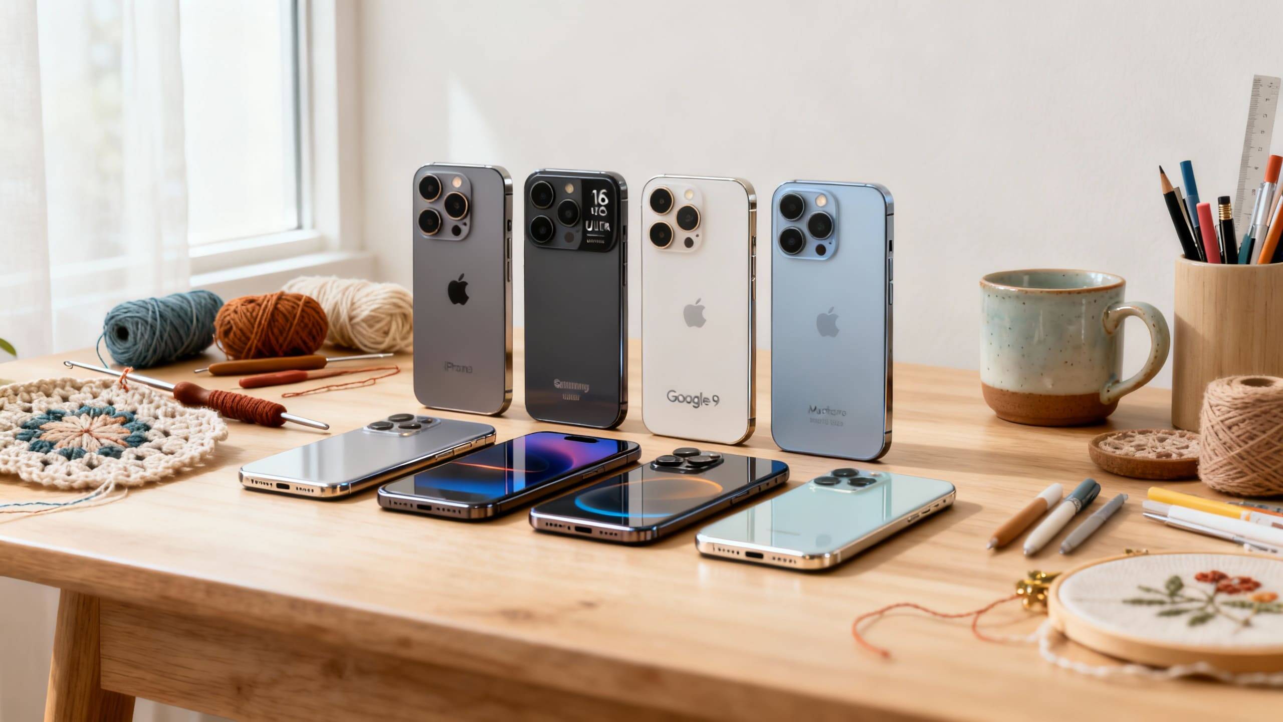 Flat lay com celulares modernos e acessíveis de 2025 sobre fundo claro, luz natural suave e reflexos delicados nas câmeras — Imagem gerada com inteligência artificial, licença paga e uso exclusivo para este conteúdo.