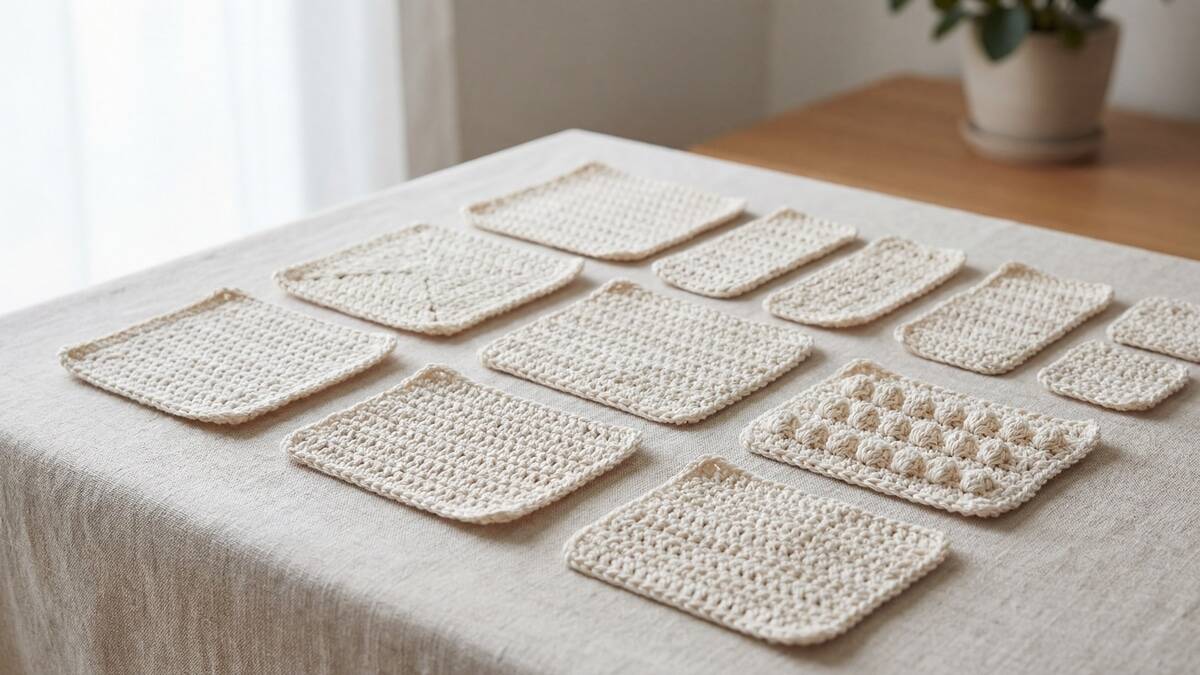 Pequenos formatos de crochê em algodão cru exibindo diferentes pontos básicos organizados de forma clara, sobre superfície neutra com luz natural difusa em composição limpa e contínua.