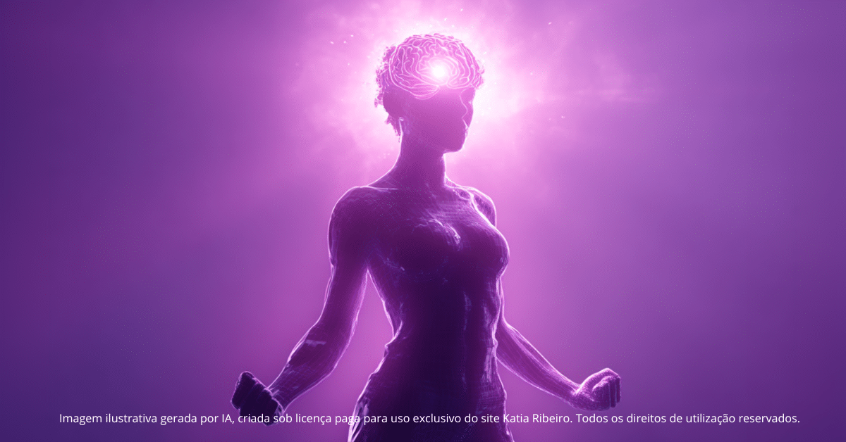A imagem mostra a silhueta de uma mulher com postura de força e determinação, enquanto uma intensa luz irradia o cérebro — simbolizando poder interno e a reconstrução da autoestima por meio de micro-hábitos que ativam a neurociência