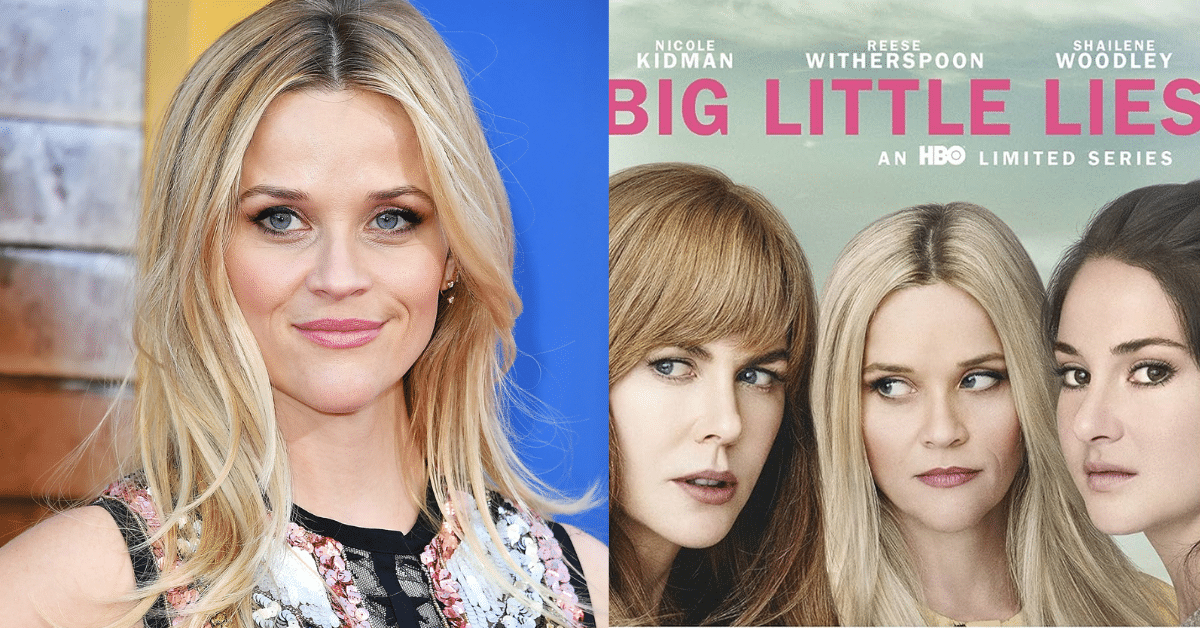 Montagem criada pela equipe Katia Ribeiro. À esquerda, imagem editorial de Reese Witherspoon, Créditos: Getty Images/WireImage / À direita, arte oficial de divulgação da série “Big Little Lies”, obtida no site Amazon, pertencente ao material promocional da HBO