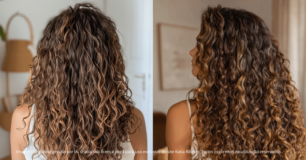 Mulheres com cabelo cacheado. Na foto à esquerda uma mulher com cachos sem muita definição, e na direita já podemos notar um cabelo muito mais definido
