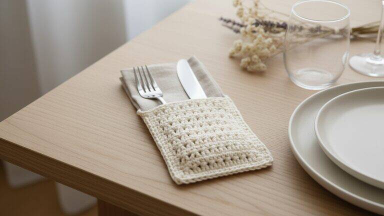 Mesa posta com porta-talheres de crochê off-white contendo guardanapo e talheres sobre mesa de madeira com elementos decorativos
